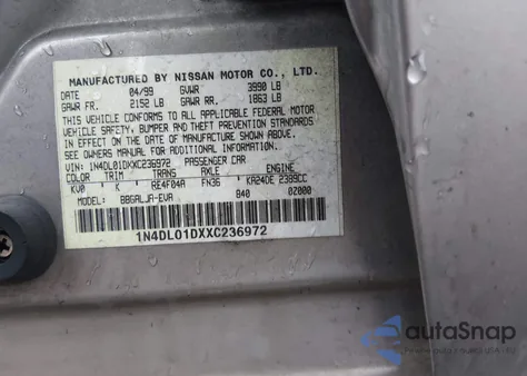 1999 Nissan Altima Gle/Gxe/Se/Se-L/Xe z USA, uszkodzony, nr VIN 1N4DL01DXXC236972